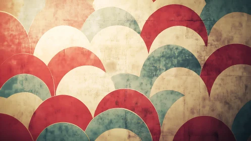 Overlapping semicircle pattern in muted red, teal, cream tones.