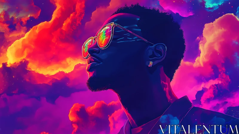 Man in neon sunglasses gazes into an electric cosmic sky