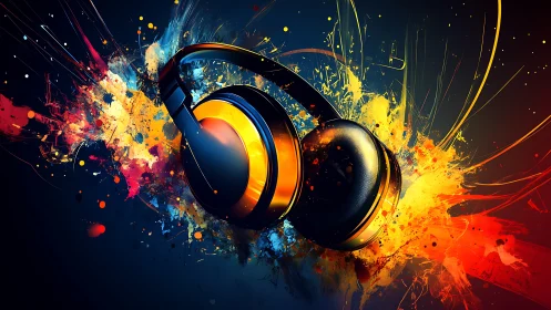 Headphones are rendered amid radial paint-like color bursts
