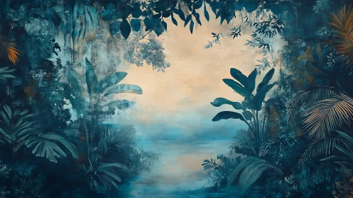 Atmospheric jungle clearing framed by teal foliage gradients