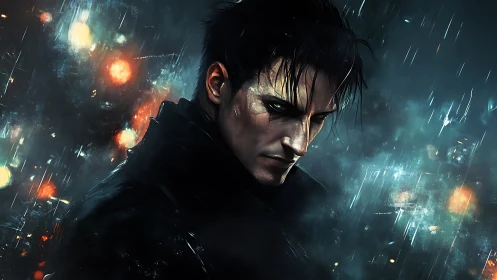 Brooding dark-haired man walks alone through neon city rain