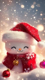 Snowy bellcat in a Santa hat beaming pure holiday cheer.