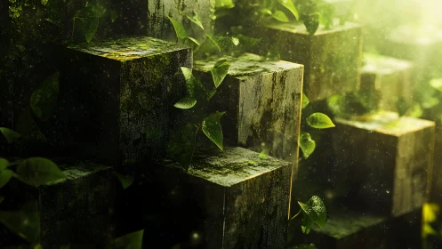 Mossy stone blocks with green leaves in soft sunlight, fantasy style.