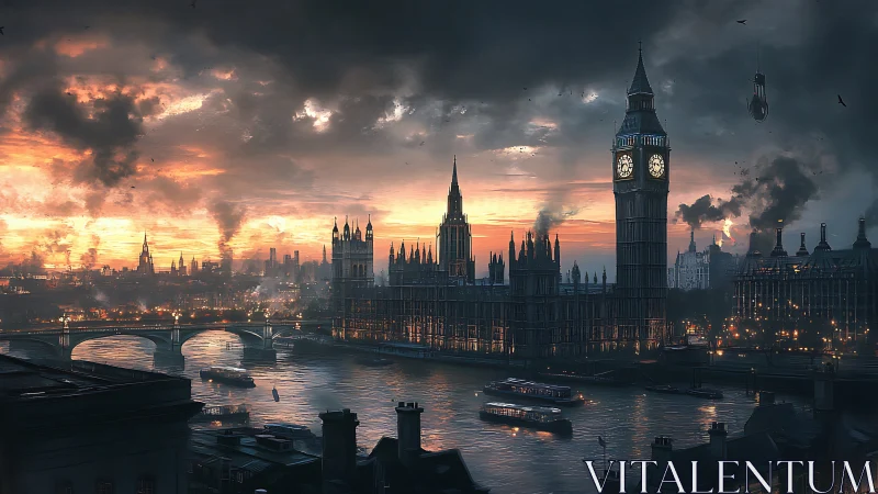 London clocktower under burning war-torn sunset sky.