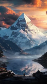 Snow peak over tranquil lake at dramatic sunrise sky.