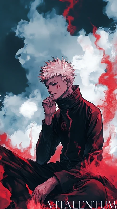 Brooding anime warrior in swirling red cursed flames.