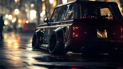 Low black custom SUV parked on wet city street at night.