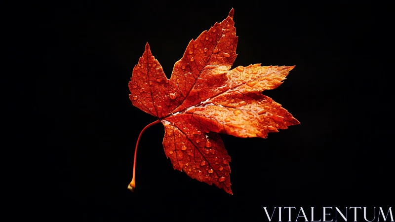 Single maple leaf glows in darkness with dewy autumn color.