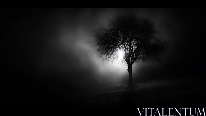 Backlit solitary tree in dense nocturnal ground fog field