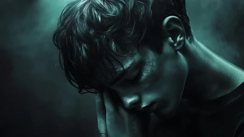 Quiet teal portrait of reflective boy in soft moody light.