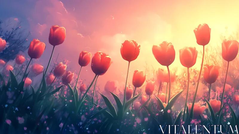 Backlit Tulip Field at Sunrise: Golden Hour Atmospheric Rendering