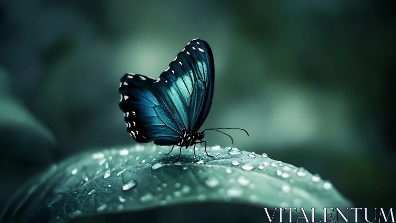 Iridescent teal butterfly on dewy leaf in soft macro bokeh.