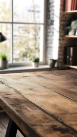 Sunlit rustic wooden desktop anchors a blurred loft interior