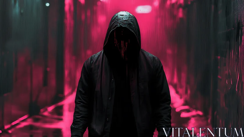Hooded silhouette in neon magenta cyberpunk alleyway at night