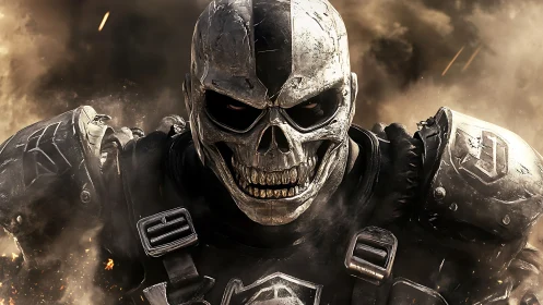 Armored skull warrior advances through burning battlefield.