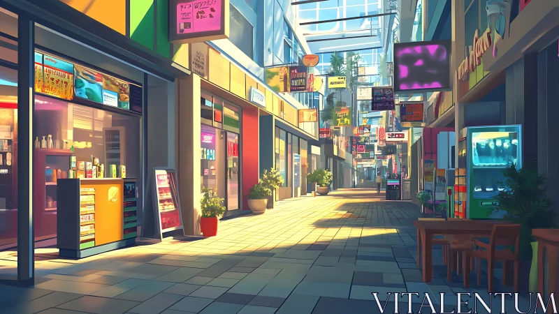 Sunlit urban arcade with colorful retail storefronts and signs.
