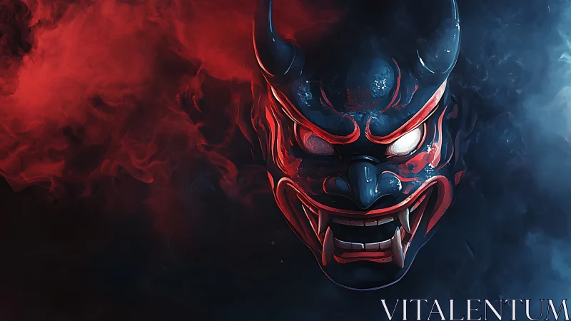 Demonic oni mask emerging through red and blue smoke clouds.