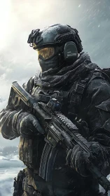 Armored soldier holds rifle in cold, snow-covered environment