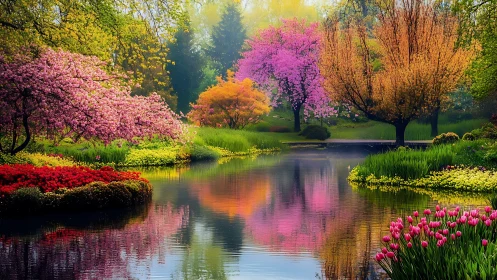 Digital painting of spring lake garden with flowering trees.