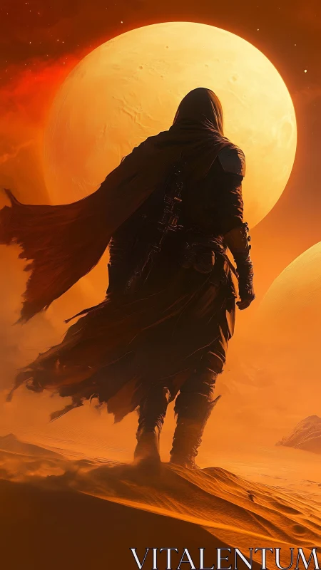 Hooded wanderer crossing orange desert beneath twin moons.
