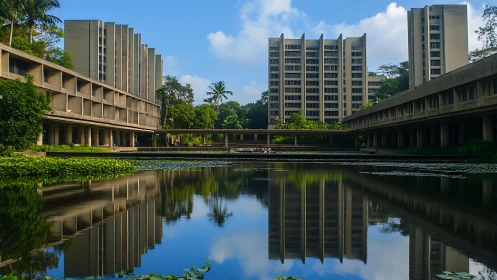 Brutalist academic complex mirrored in landscaped lotus pond