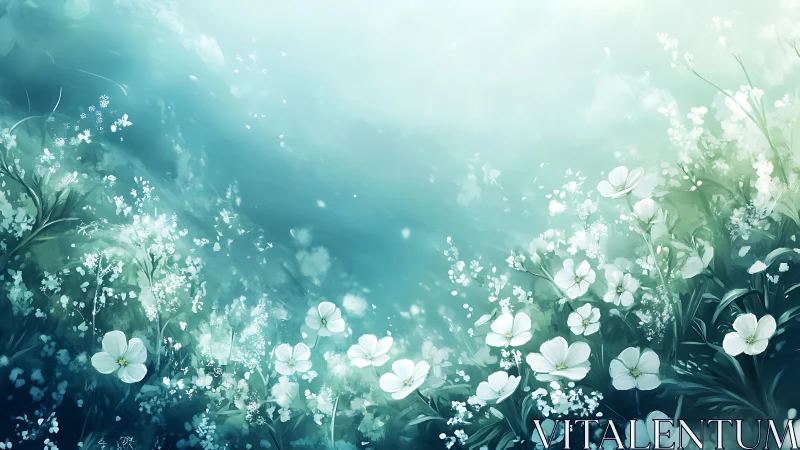 Ethereal White Flowers Dancing Through Soft Turquoise Light