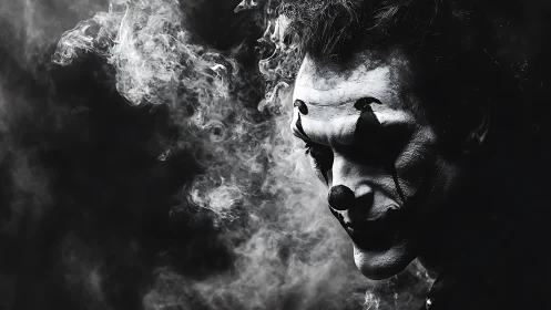 Monochrome portrait of clown makeup figure in smoke.