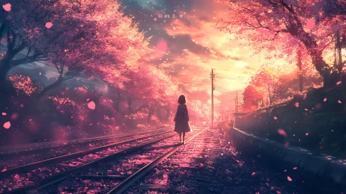 Solitary figure on railway under dense pink blossom canopy.