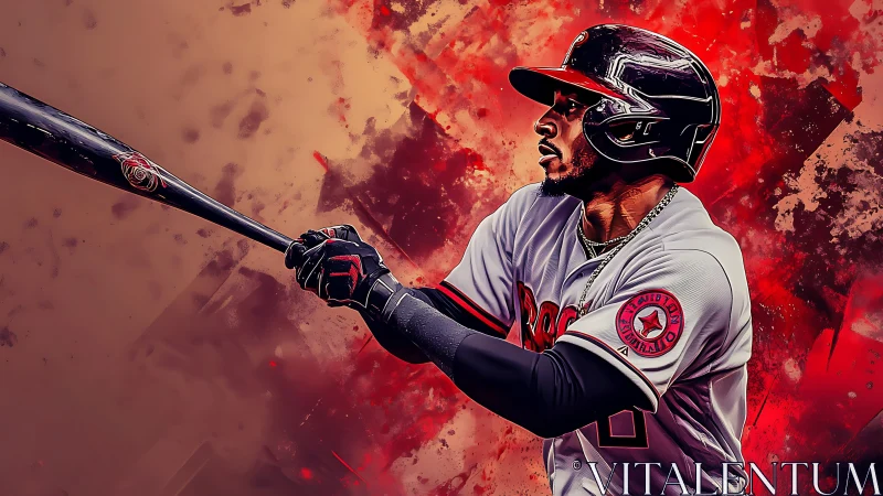 Blazing swing frozen in molten red baseball fury portrait.