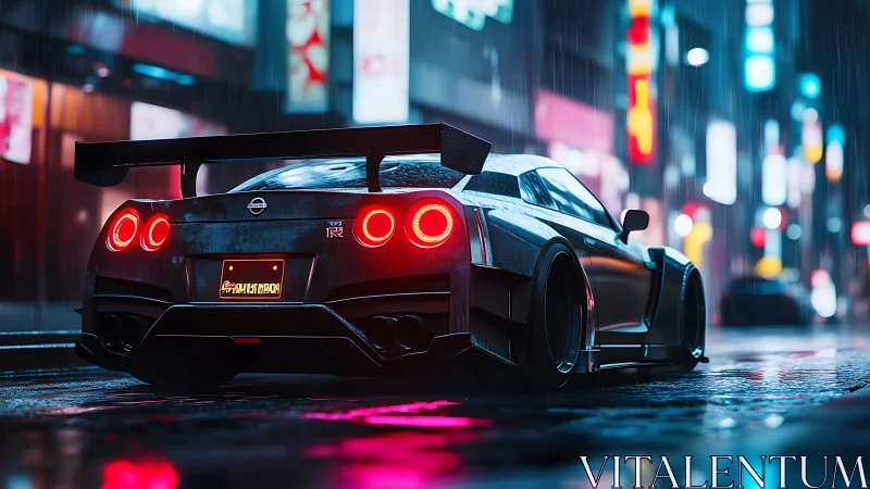 Neon rain crowns a midnight GT-R prowling slick city streets