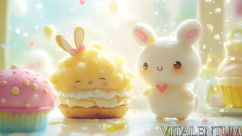 Cute rabbit pastry friends in soft pastel dessert scene.