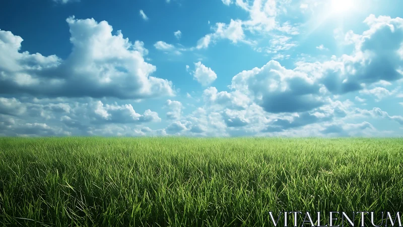 Wide-angle grassy field under cumulus cloud deck and harsh sunlight