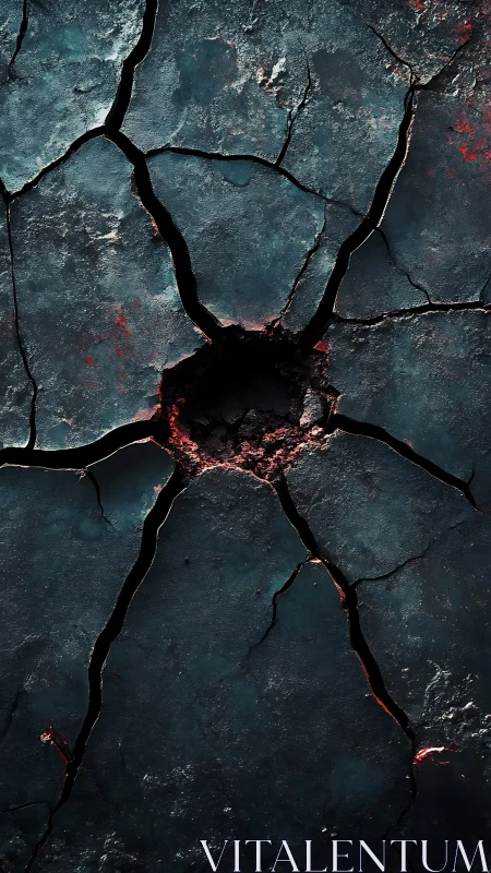 Radial fracture pattern in dark textured ground surface.