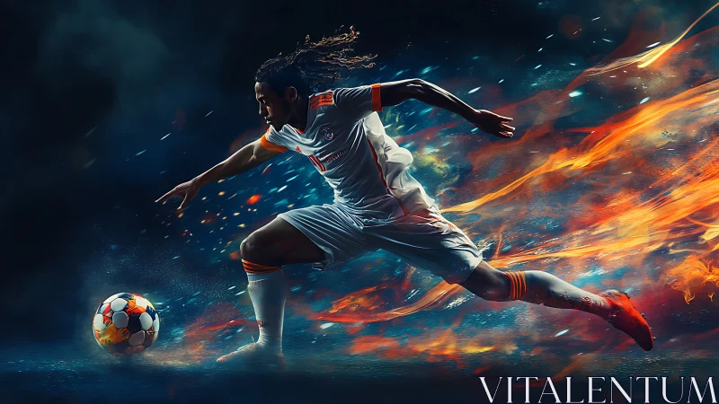Dynamic digital painting of sprinting soccer striker in flames.