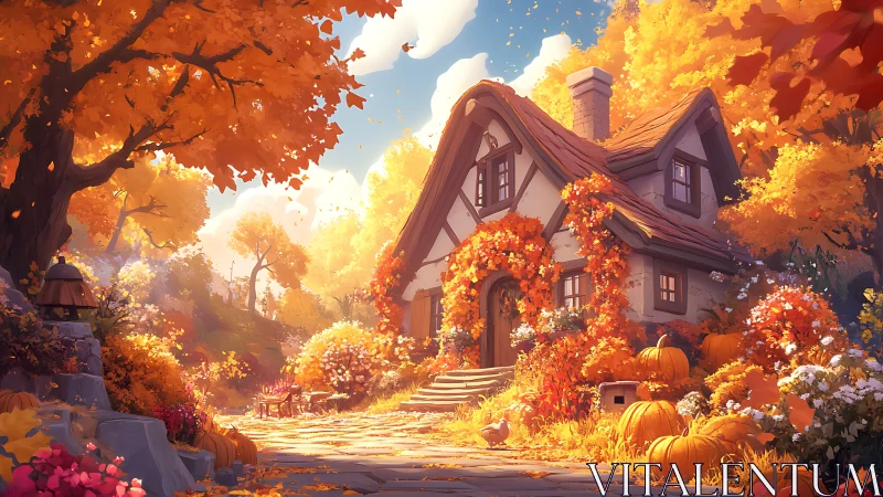 Cozy cottage rests in a golden autumn pumpkin garden