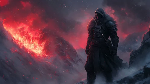 Hooded armored wanderer surveys burning volcanic ravine