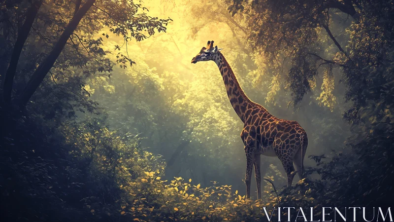 Sunlit giraffe stands quietly in a misty emerald forest