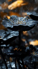 Midnight lotus blooms catch golden rain under bokeh glow.