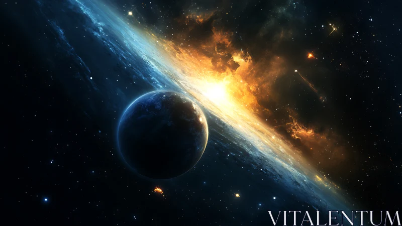 Distant planet aligned with bright galactic explosion scene.