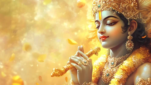Golden serenity of a divine flute player in soft light.