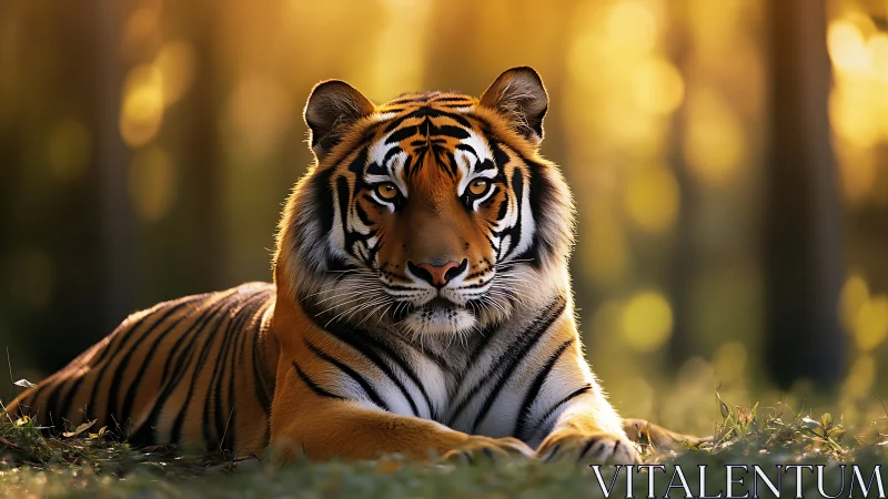 Resting tiger in warm forest light at golden sunset.
