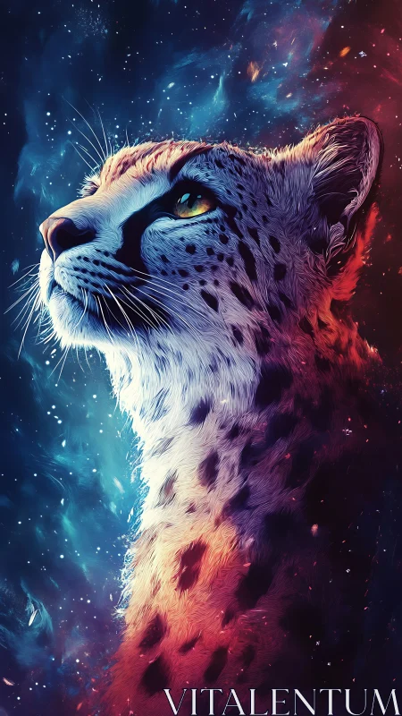 Cosmic Snow Leopard. Ethereal feline transcends space through luminous energy.
