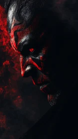 Sinister red-lit portrait of a horned, masked figure in shadow.