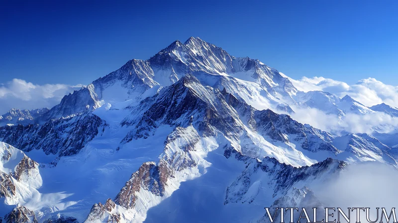Snow covered mountain peaks under clear blue sky.