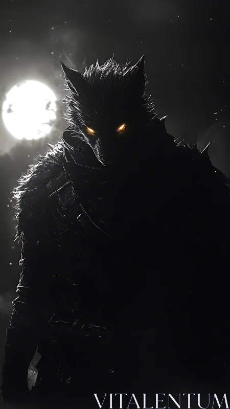 Moonlit werewolf guardian stands watch in a misty night