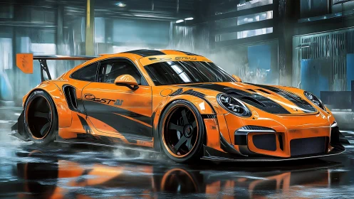 Orange race car model is rendered in a reflective garage