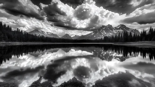 Monochrome alpine lake reflection with dramatic storm clouds