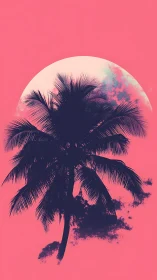 Silhouetted palm tree centered before a stylized rising sun