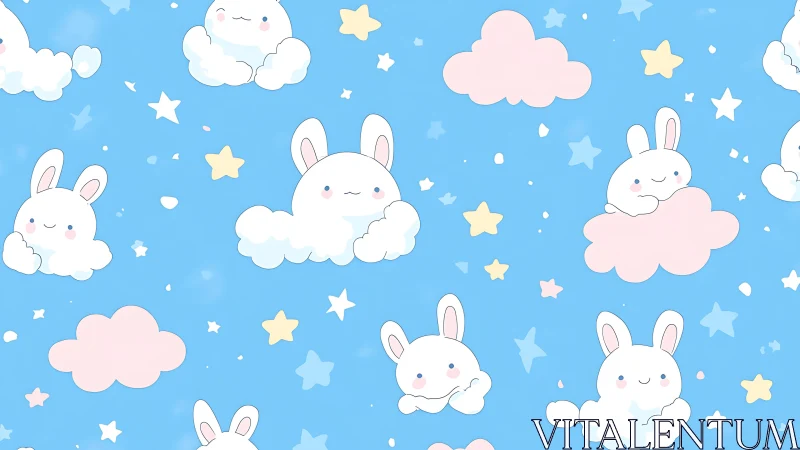 Kawaii cloud bunnies float among pastel stars and clouds