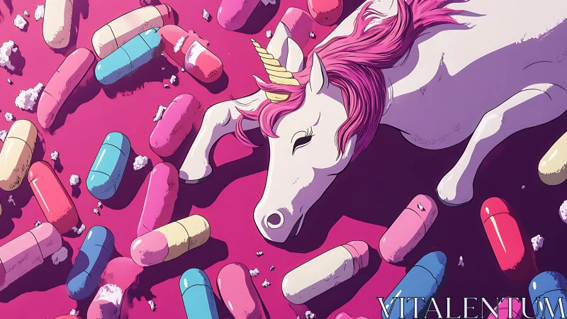 Unicorn figure lies amid oversized capsules on magenta field